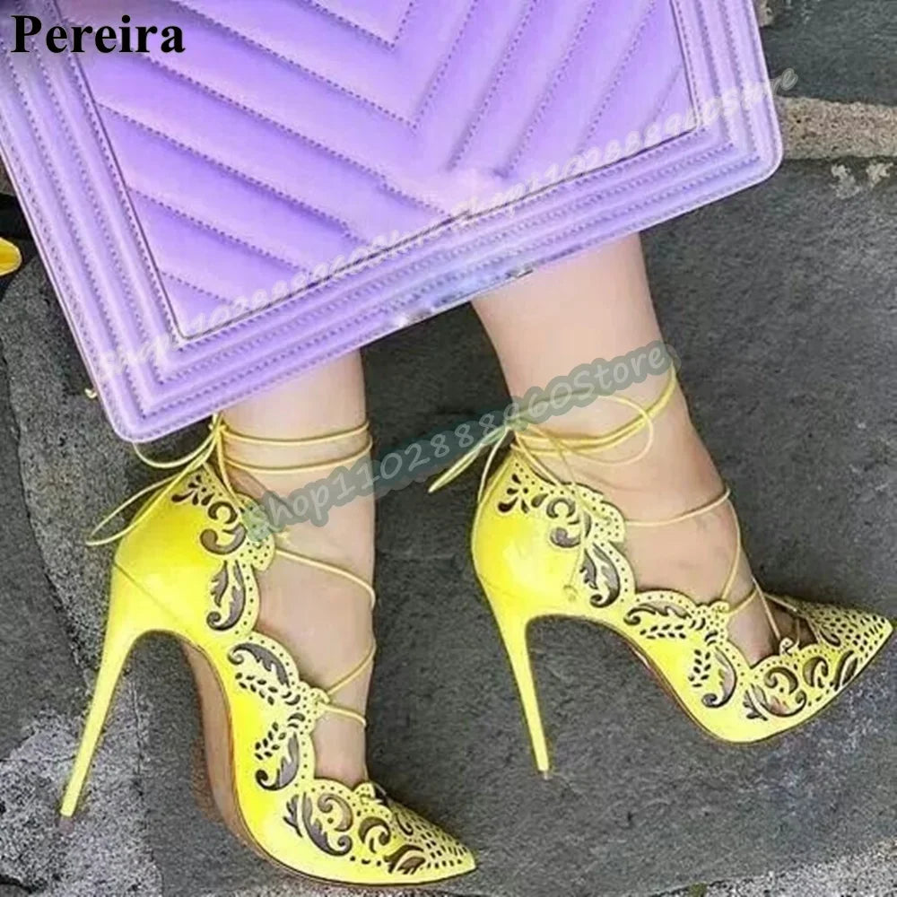 Gold Leather Shallow Hollow Pointy Pumps Stilettos High Heel Shoes For Women Cross Tied Pointed Toe Luxury Party Stylish Pumps