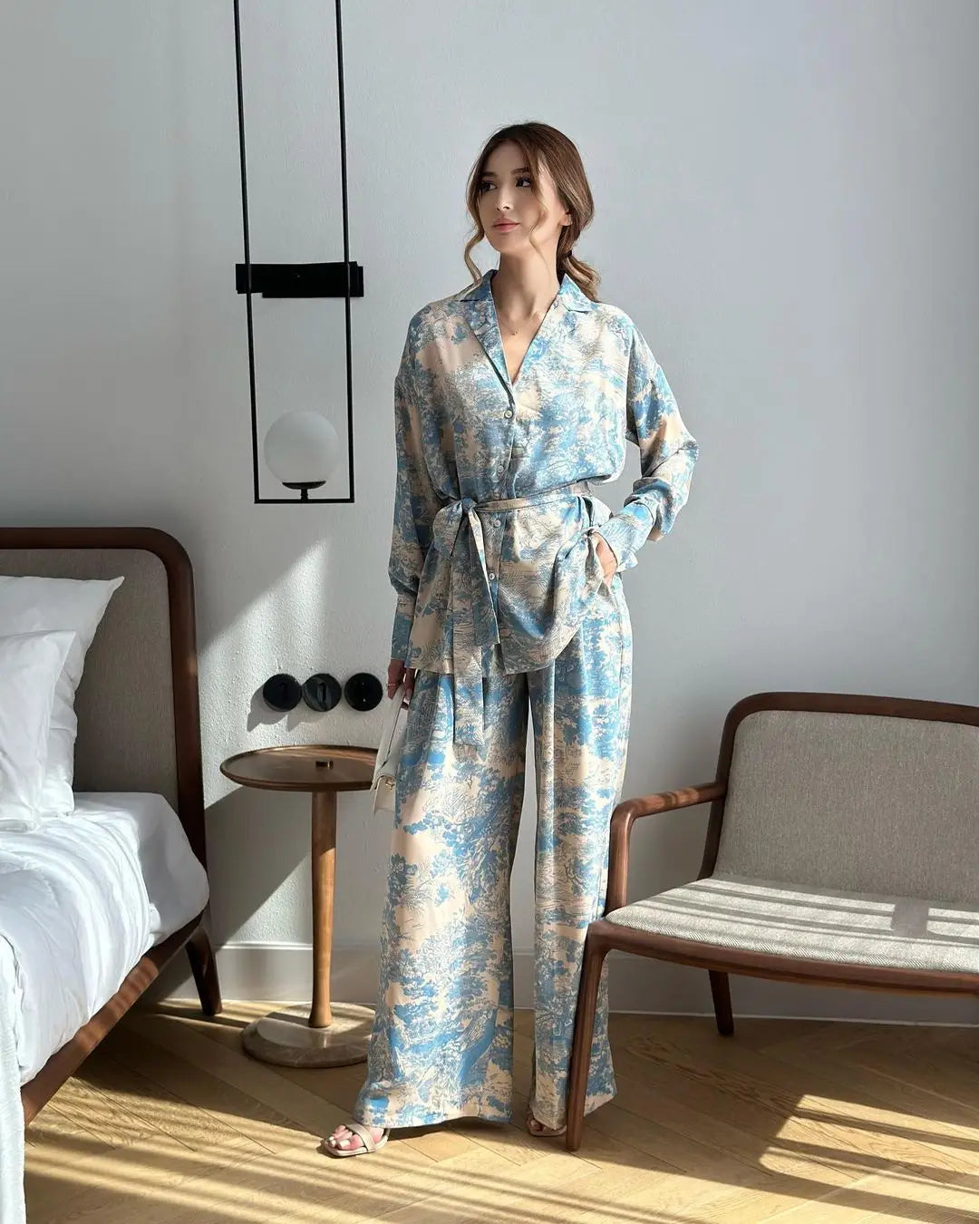 Elegant Print Two Piece Set With Long Sleeve Shirt And Wide Leg Pants for Women