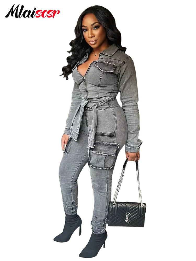 Mlaiscsr Women Stretch Denim Gray Cargo Jumpsuit with Bandage Turn Down Collar Zip-up 3D Pockets Slim Jeans Overalls Romper New