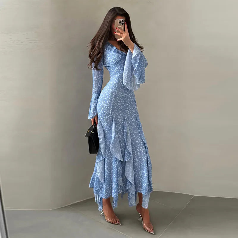 Printed V Neck Ruffle Sleeve Mid Calf Dress for Women