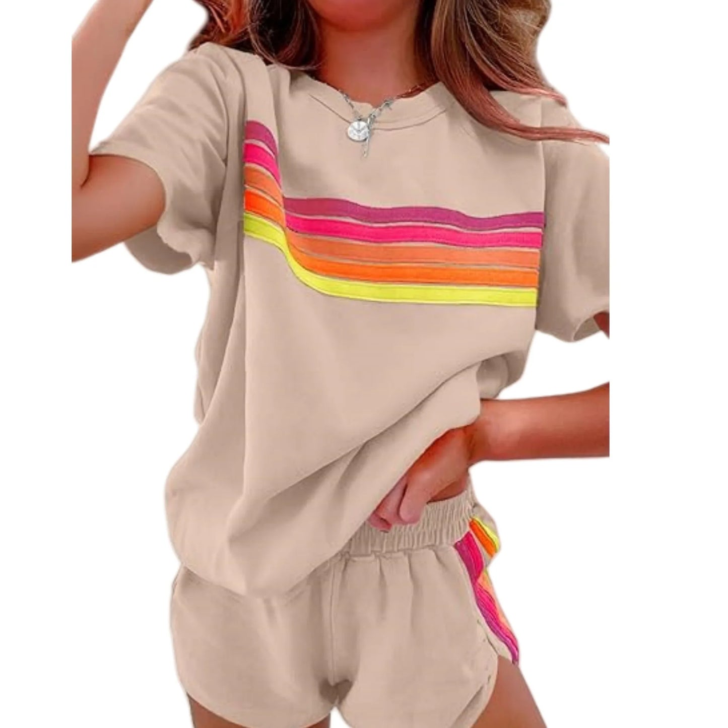 Casual Comfy Lightweight Stripe Top and Shorts Set for Women