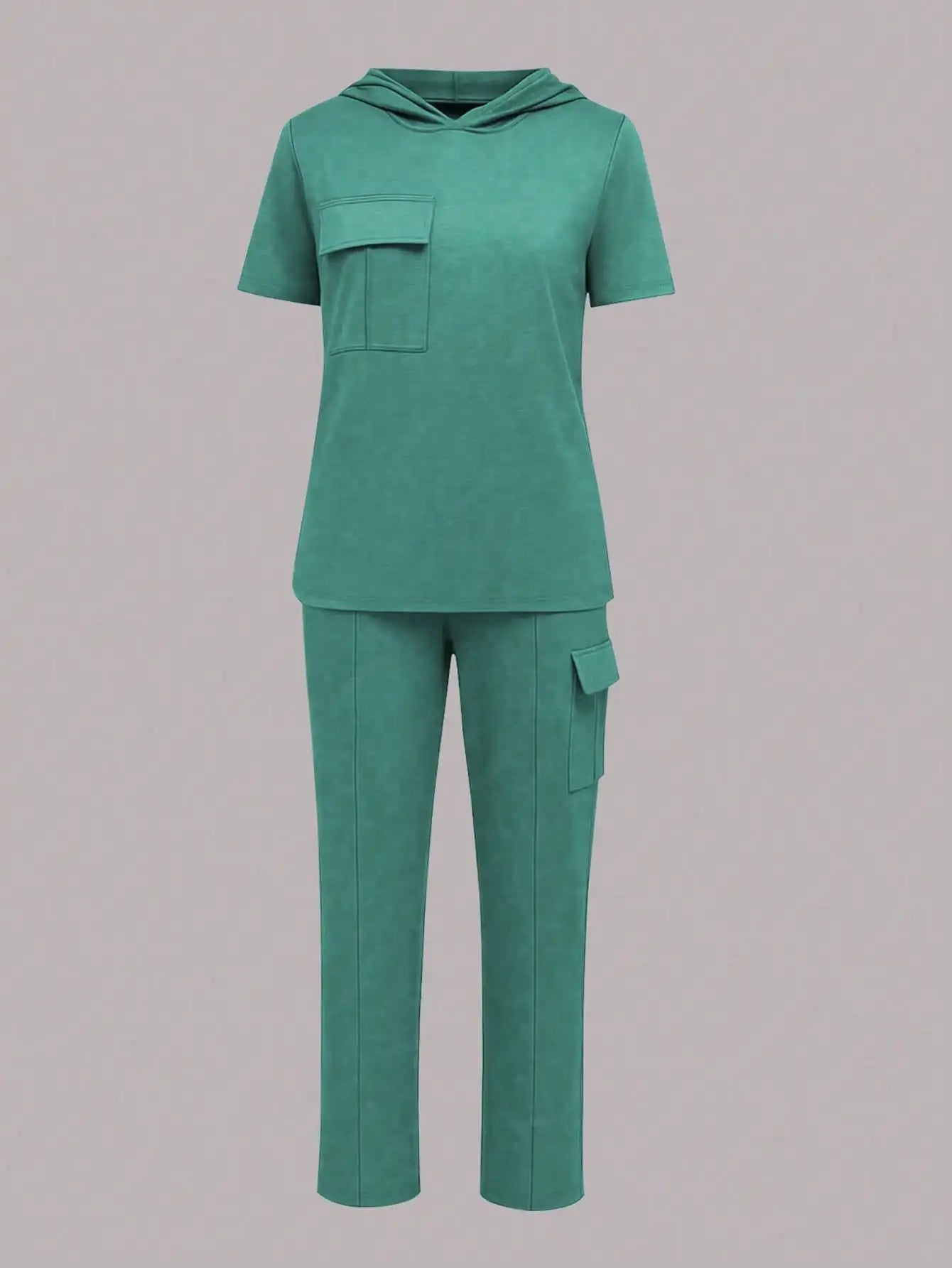 Summer Women's Suit New Style Casual Comfortable Solid Color Hooded Short-Sleeve Top with Versatile Elastic Waist Pocket Straight-Leg Pants Women's Two-Piece Set