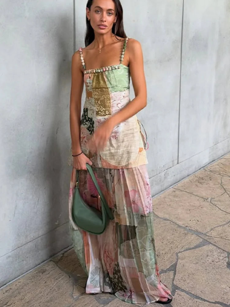 Long Printed Patchwork A-line Beaded Sleeveless Backless Dress for Women