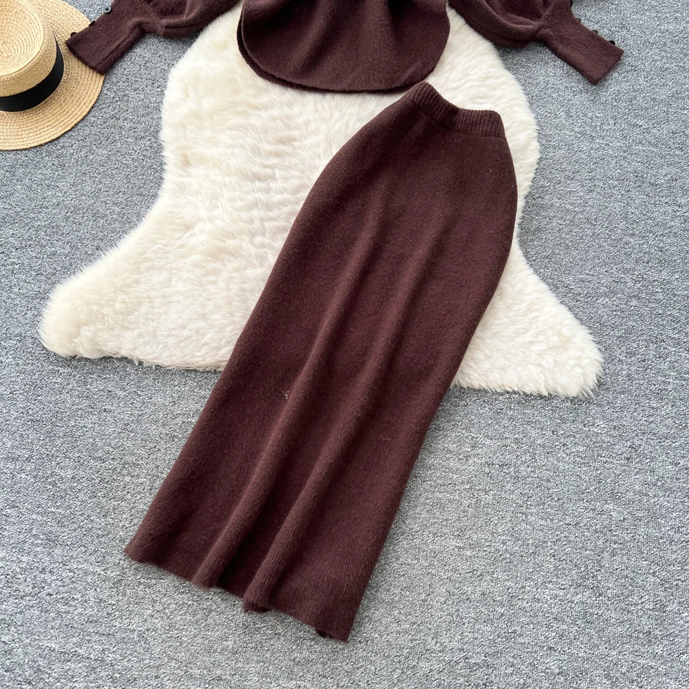 Batwing Sleeve Knit Top and High Waist Skirt Set for Women