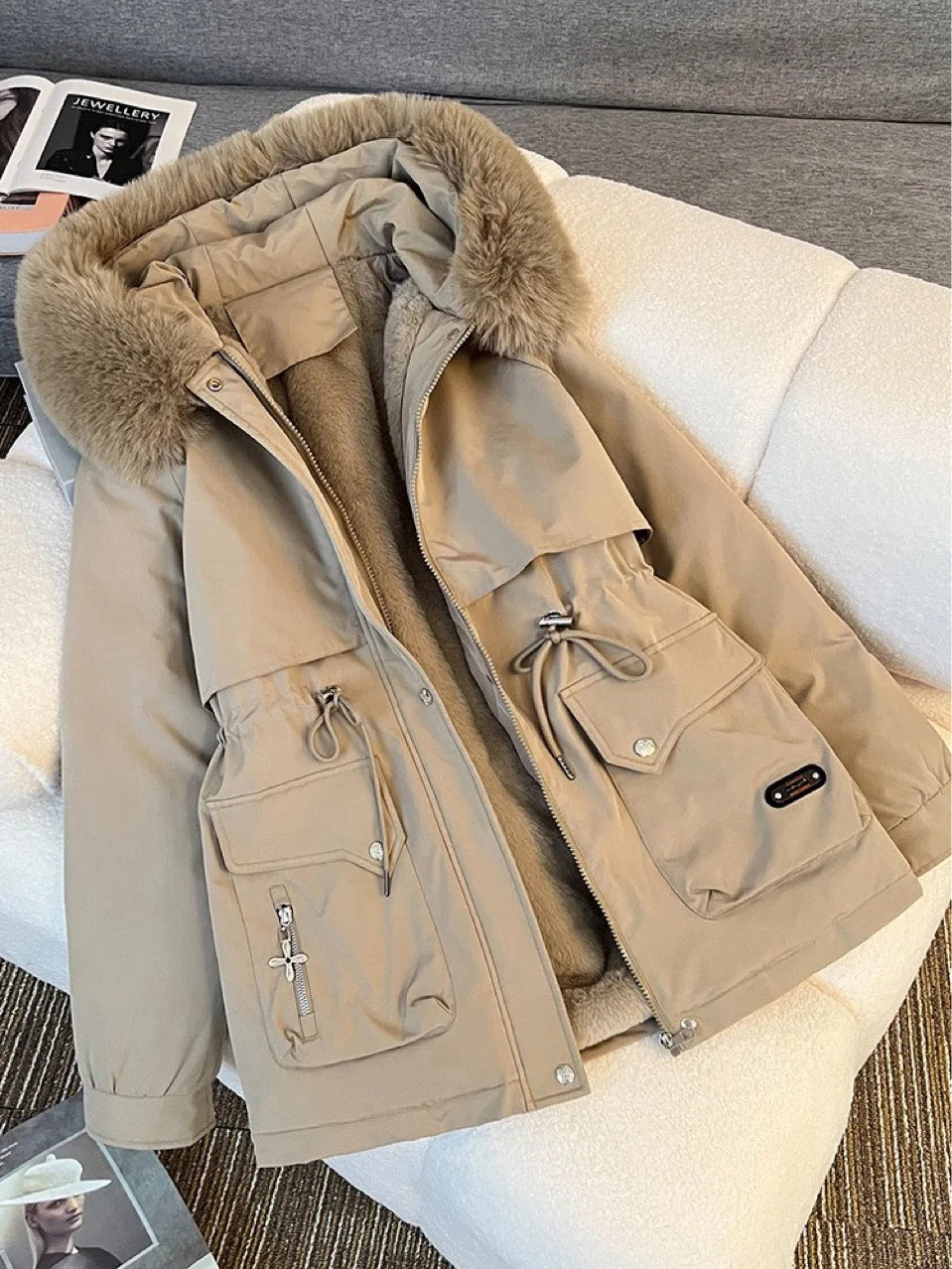 Korean Style Quilted Hooded Coat With Fur Collar For Women