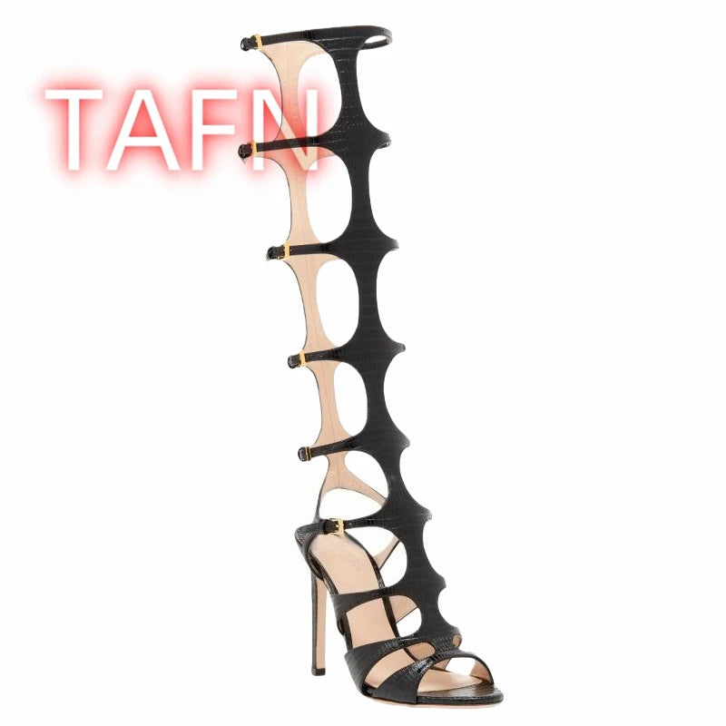 Knee-High Faux Crocodile Gladiator Sandals With Back Zipper for Women
