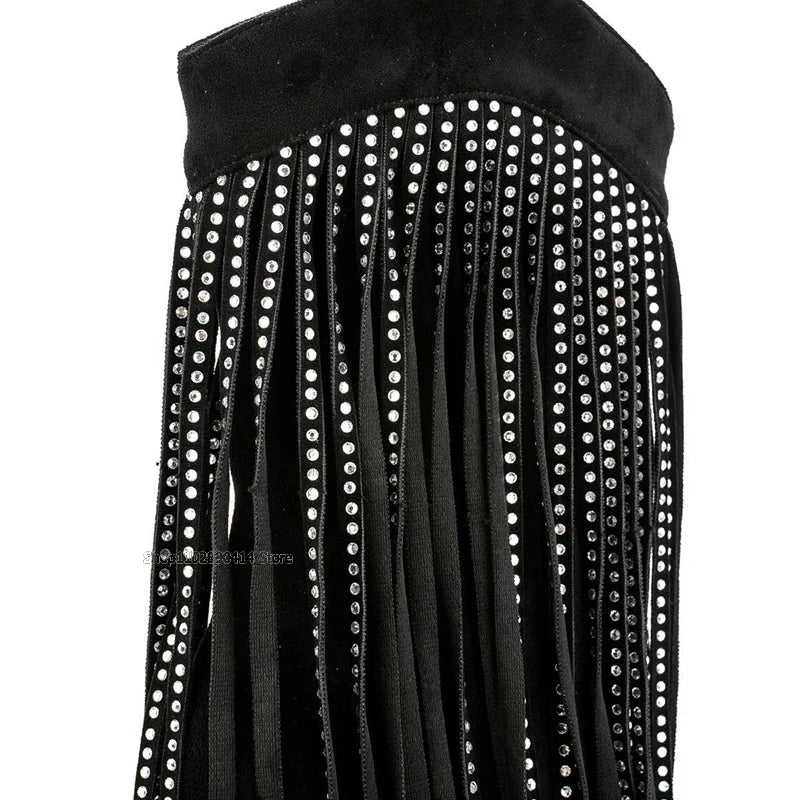 Black Pointed Toe Boots With Crystal Tassels For Women