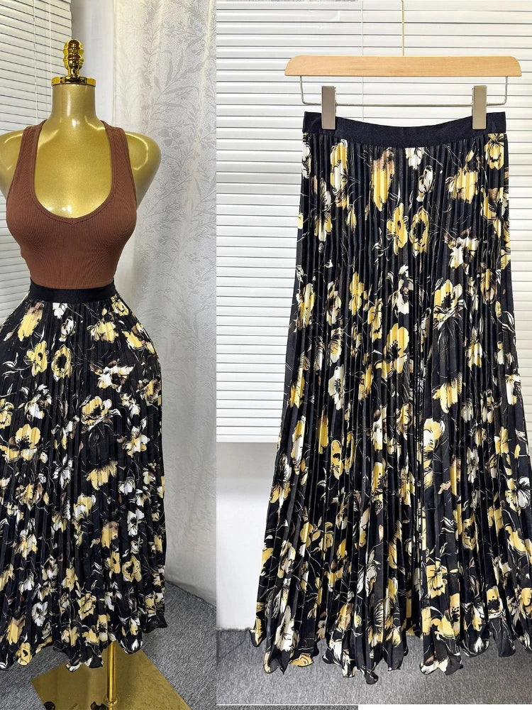 Floral Ruffle A Line Midi Skirt with Elastic Waist for Women