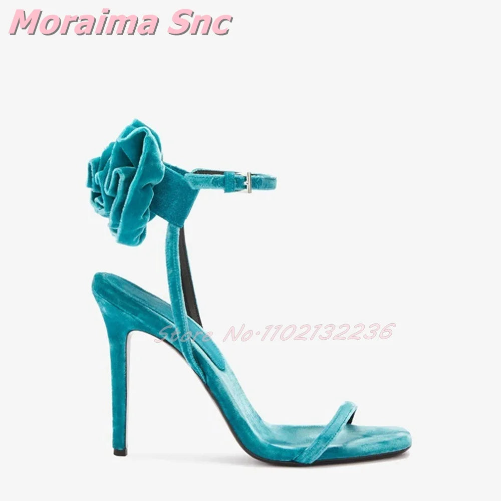Decorative Floral Velvet Ankle Strap Sandals For Women