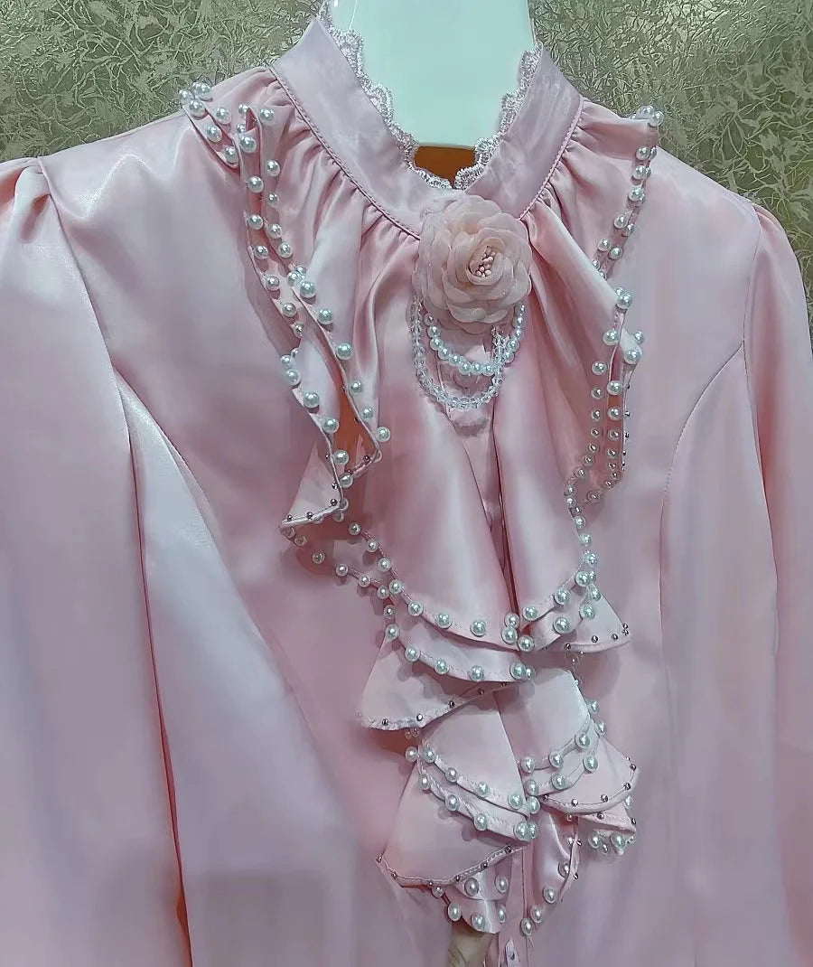 Beaded Flower Stitch Pink Blouses Shirts For Women 2024 Spring Autumn New In Long Sleeve Office Lady Tops Camisas De Mujer