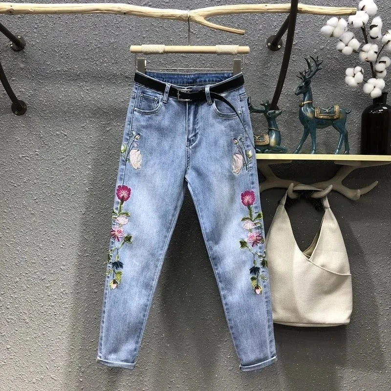 Jeans Woman High Waist Spring Summer Retro Embroidery Denim Trousers Ladies Elastic Waist Harem Pants Loose Jean Femme Pant 124