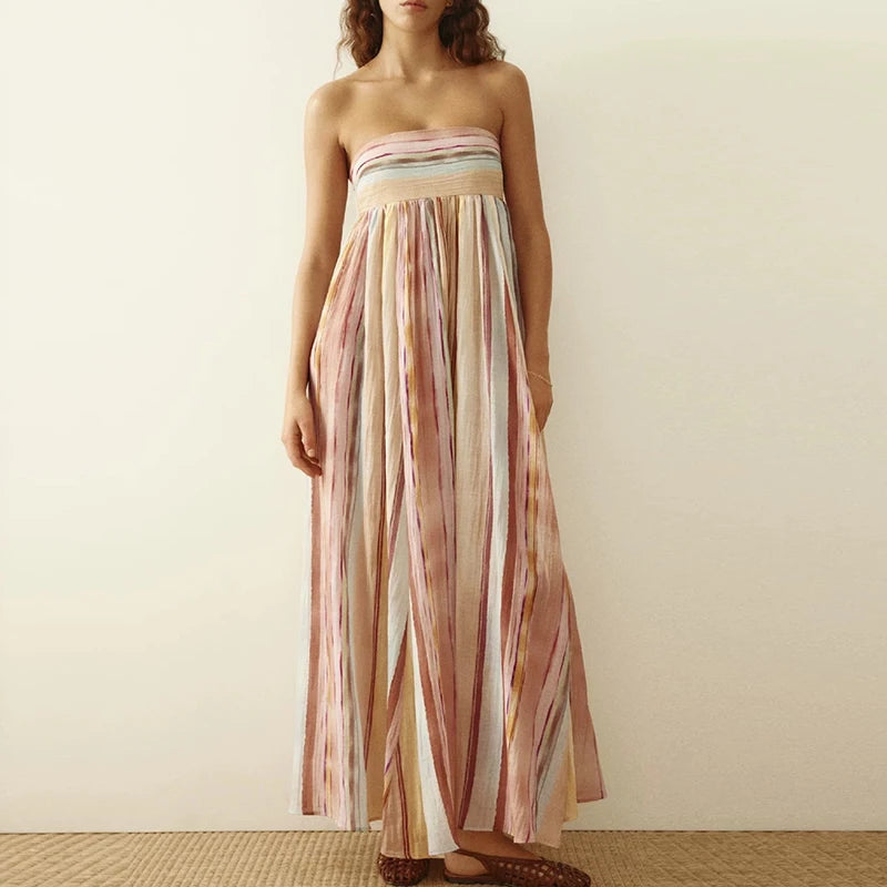 Bohemian Striped Strapless Pleated Maxi Dress for Women