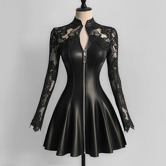 Waist Cinched Patchwork Lace Mini Dress