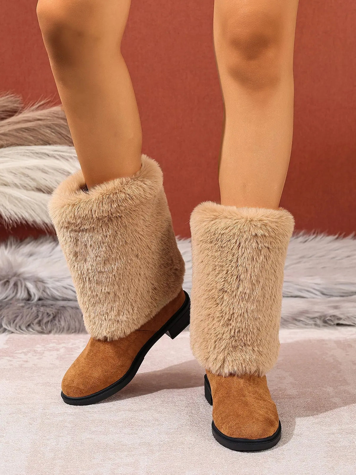Plush Faux Fur Slip On Mid Calf Winter Snow Boots For Women