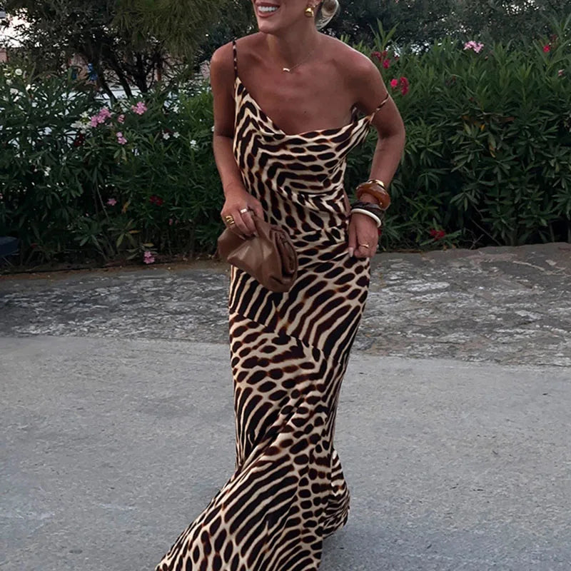 Vintage Leopard Print Slim Straps Long Dress Lady Casual Holiday Beach Bohemian Dress Spring Summer V Neck Sleeveless Maxi Dress