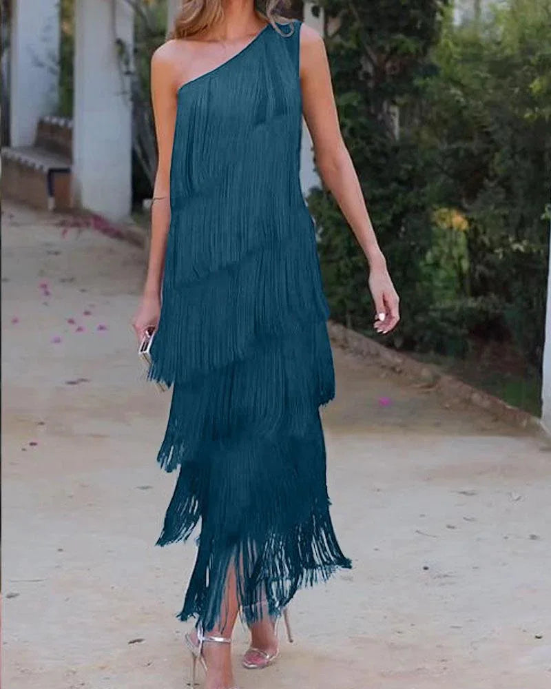 Diagonal Collar Tassel Sleeveless Summer Dress for Women
