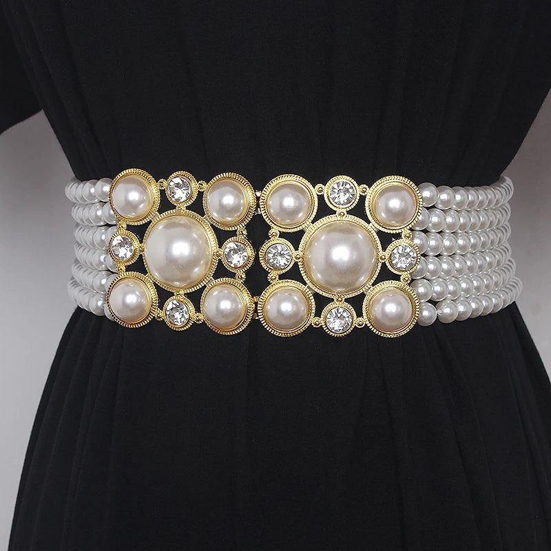 Pearl Embellished Elastic Waist Chain Belt for Women
