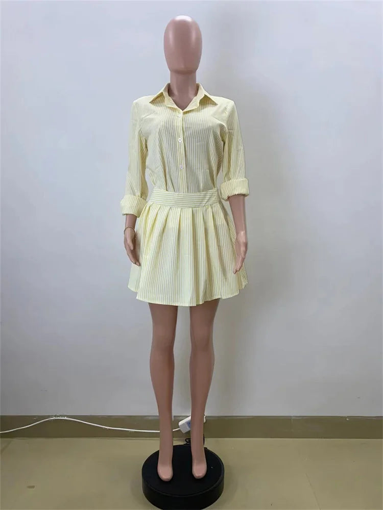 Wmstar Two Piece Set Women 2024 Autumn Fashion Women's Casual Comfortable Striped Shirt Short Skirt Set Wholesale Dropshipping