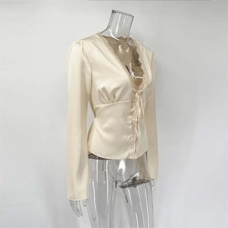Lace-Up Satin Patchwork V-Neck Vest Top for Women**