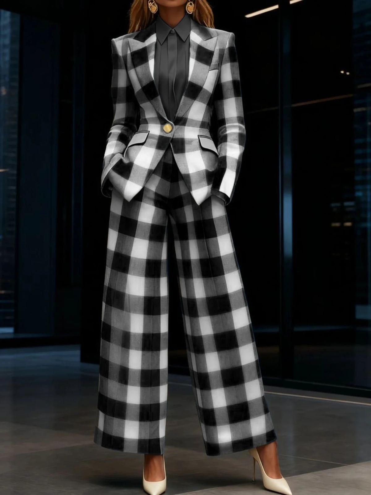 Plaid Print Lapel Single Button Blazer And High Waist Wide Leg Pants Two Piece Formal Business Matching Suit For Women Office Outfit Set