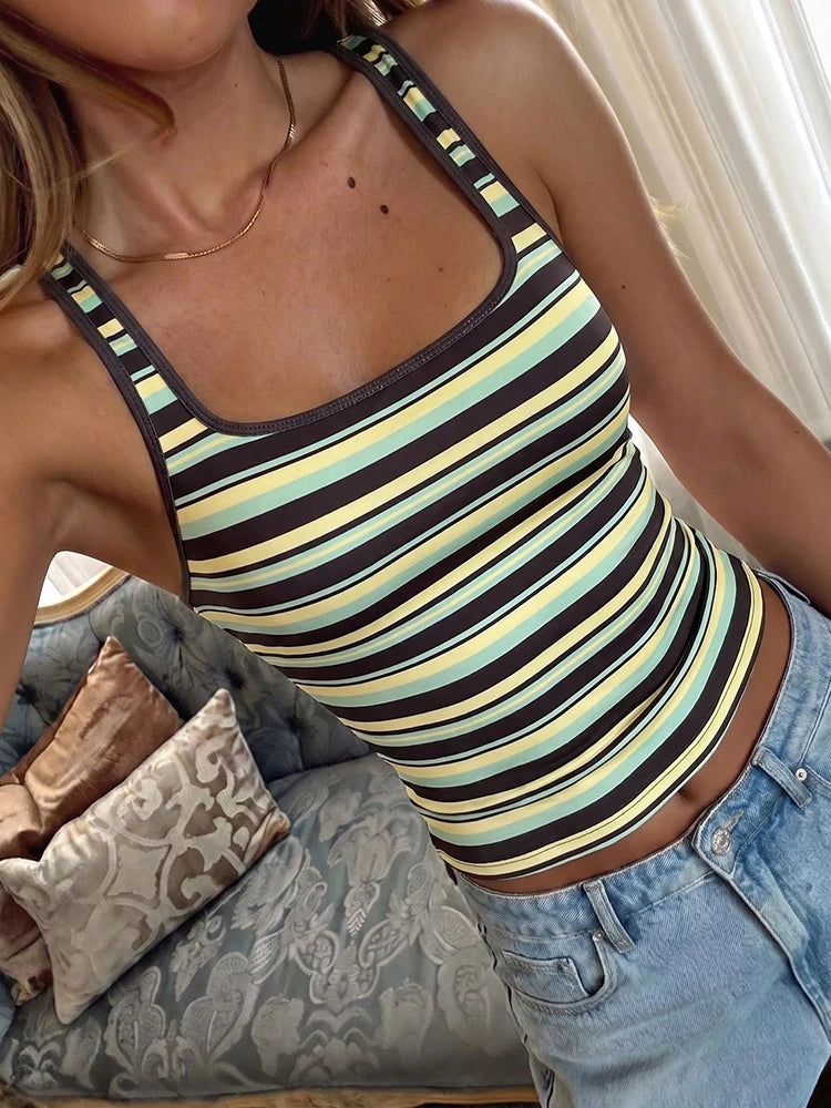 Striped Patchwork Stretch Backless Tank Top for Women