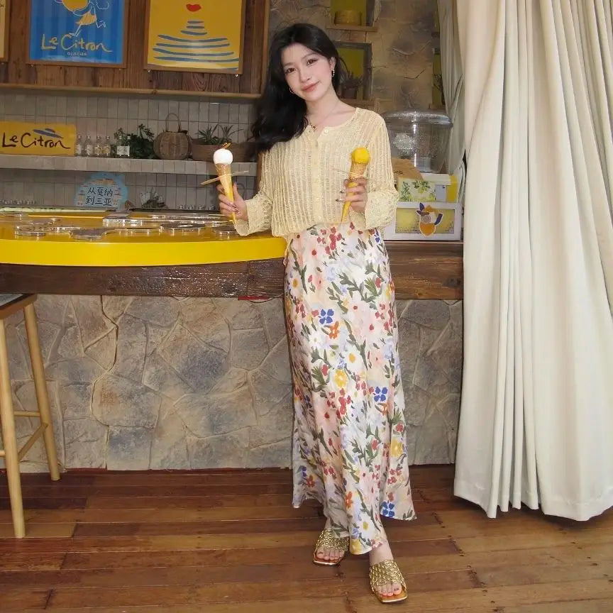 High Waist Painterly Print Satin Midi Dress For Women