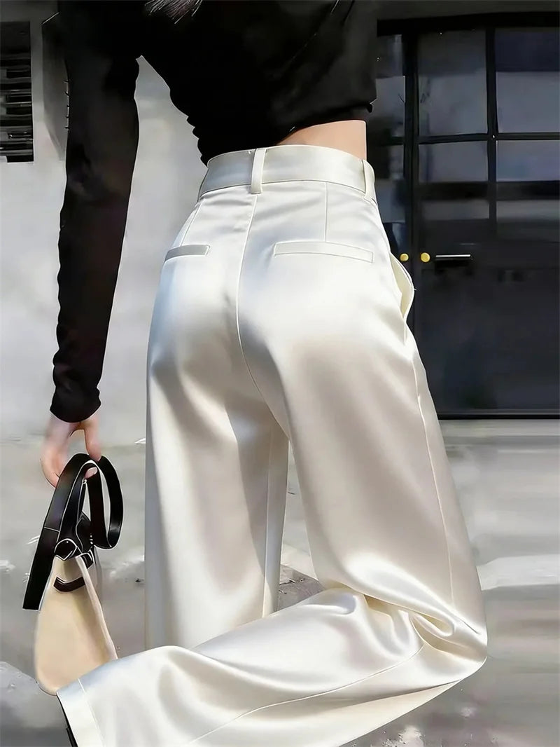 High Waist Solid Color Satin Wide Leg Trousers For Women