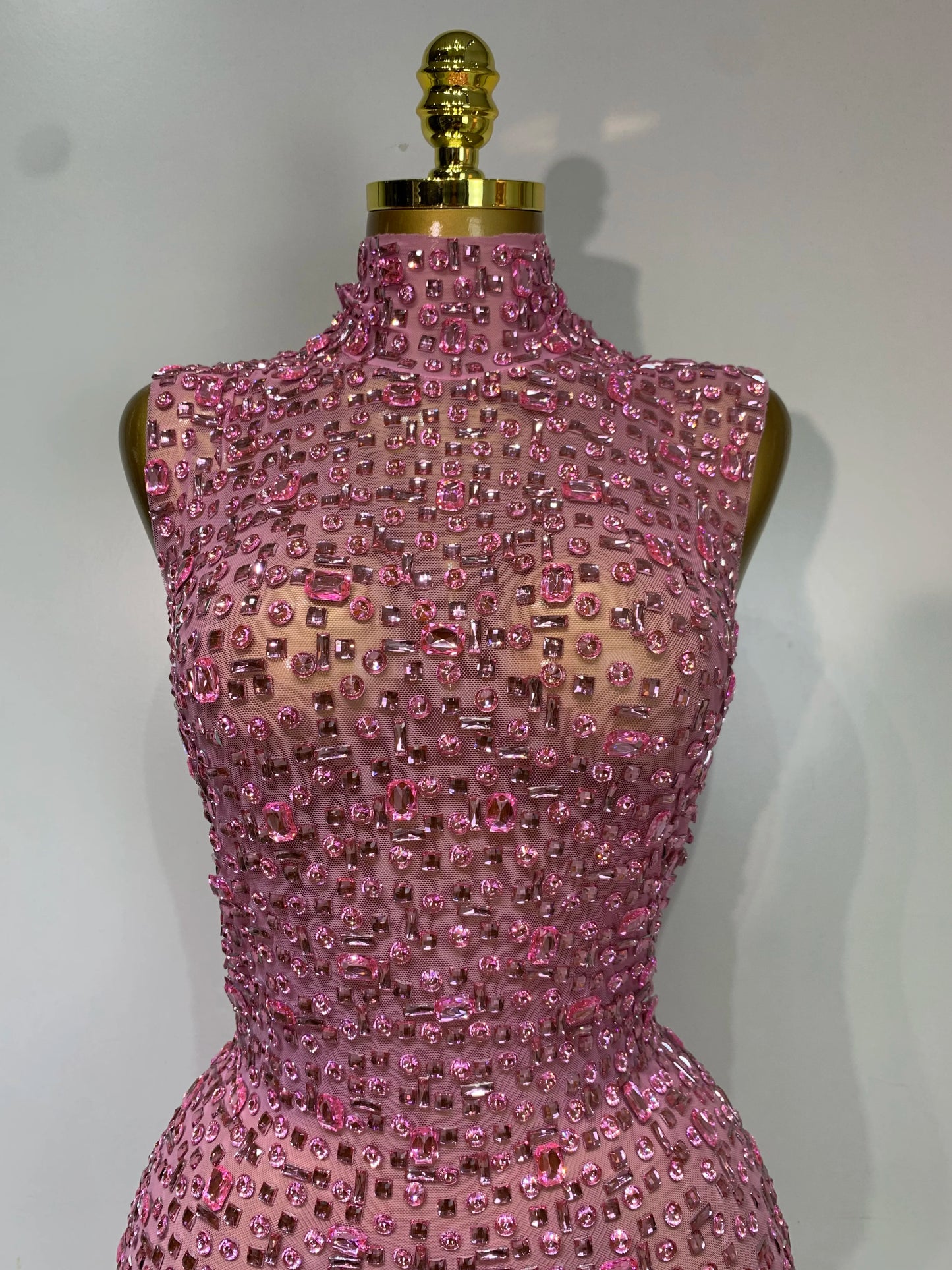 Sparkly Gold Rhinestone Sleeveless Stretch Long Dress Women Sexy Mesh Celebrate Evening Prom Birthday Dress Photo Shoot Wear