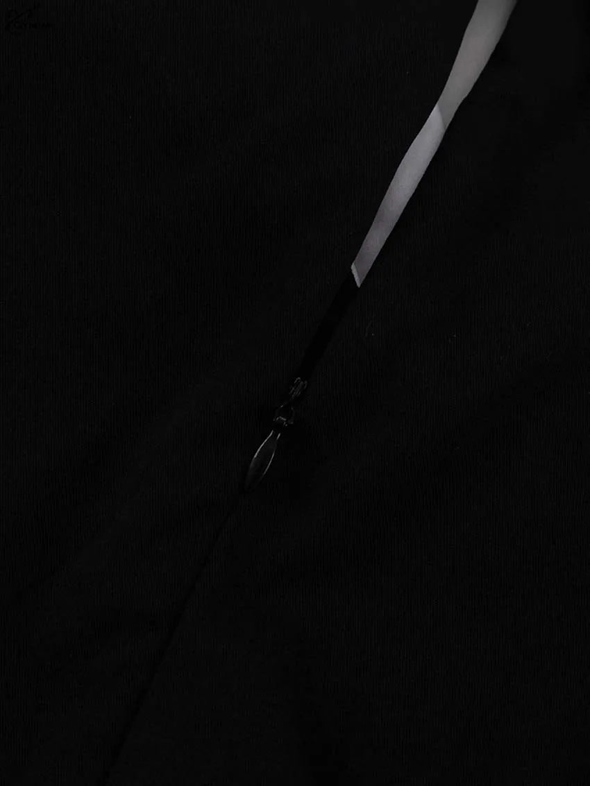 Oymimi Elegant Black Patchwork Women's Dress Casual Peter Pan Collar Three Quarter Sleeve Dresses Fashion Pleated Mini Dresses