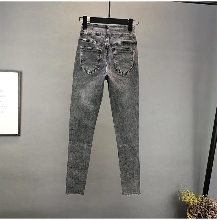 Washed Vintage Elastic Slim Light Denim Jeans for Women