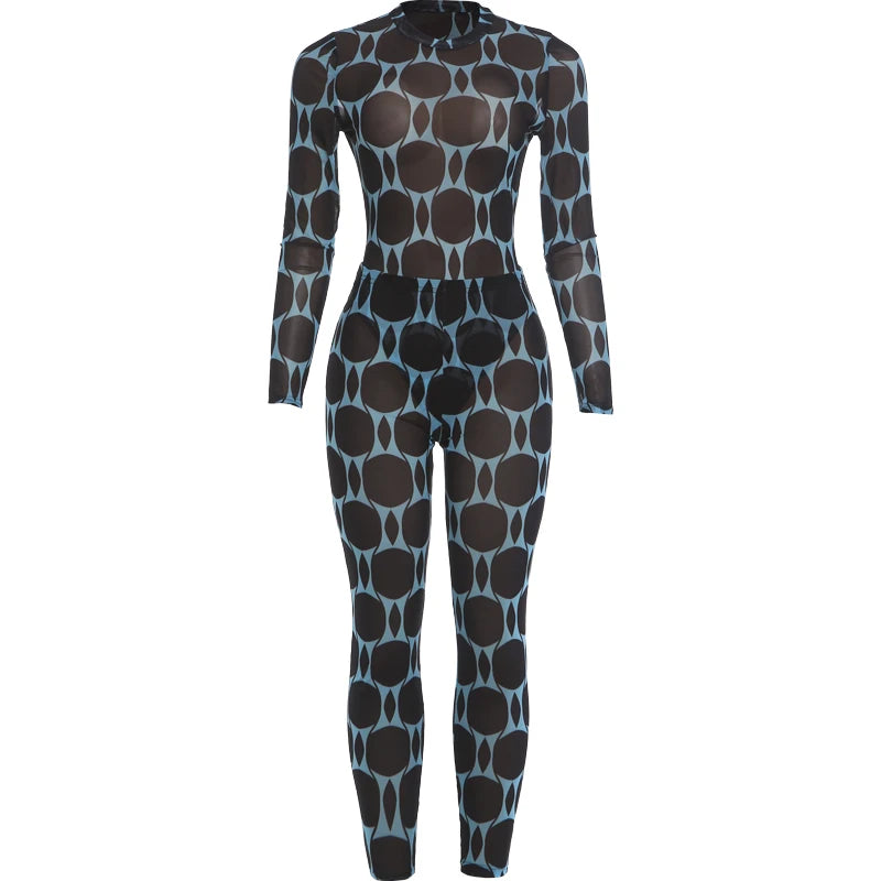 Mesh Patchwork Long Sleeve Two Piece Pants Set for Women