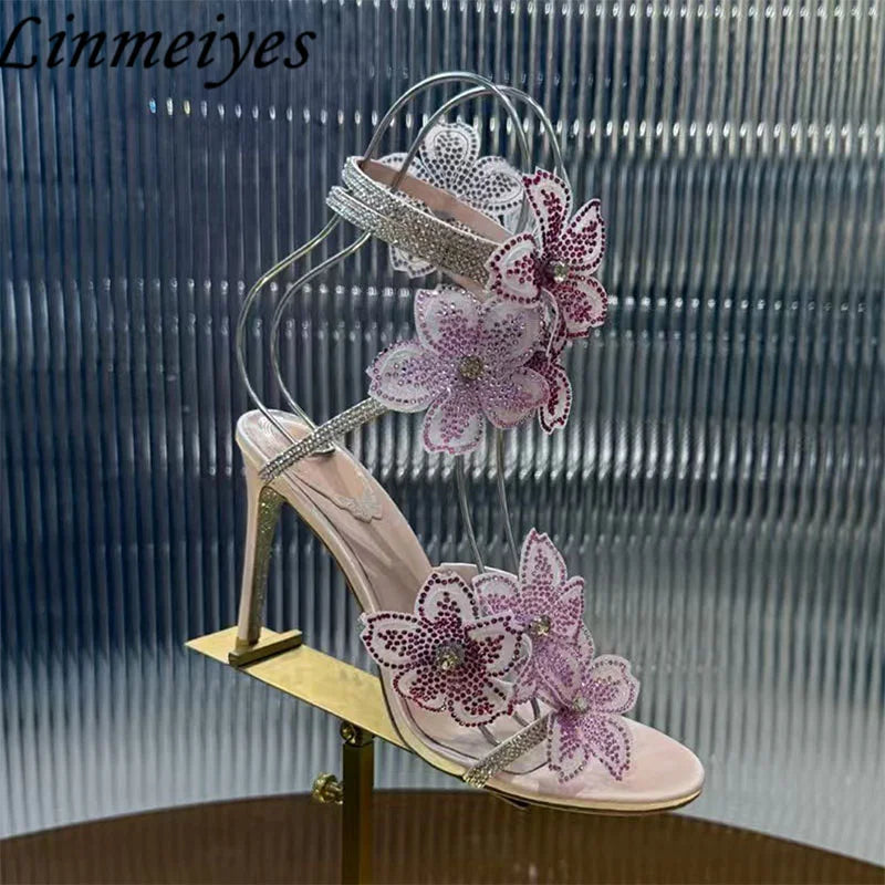 Rhinestone Flower Embellished Wedding High Heel Sandals for Women