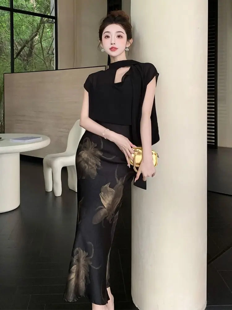 Chiffon Stand Collar Black Printed Three Piece Set for Women