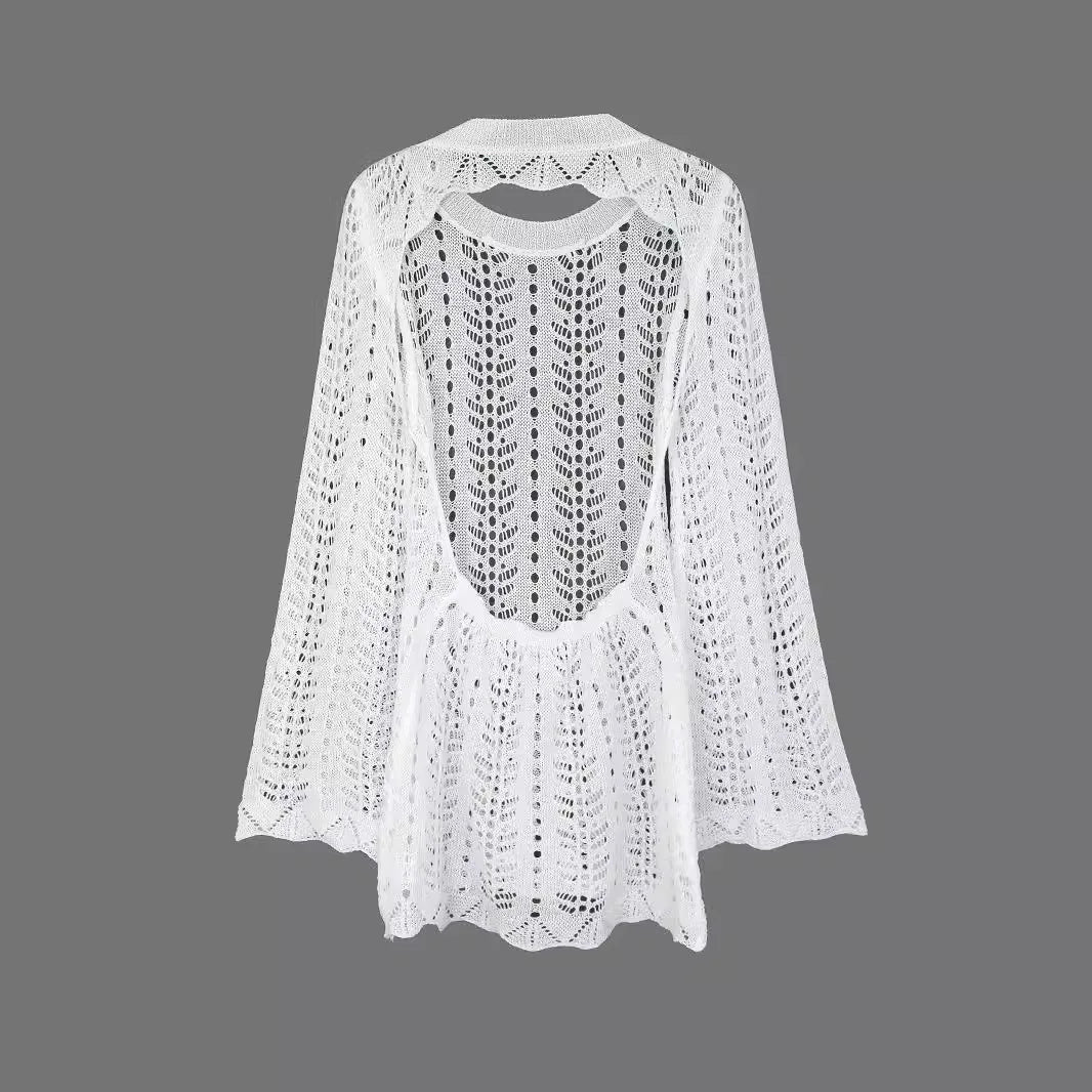 Crochet Backless High Neck Openwork with Scalloped Hem Mini Dress for Women