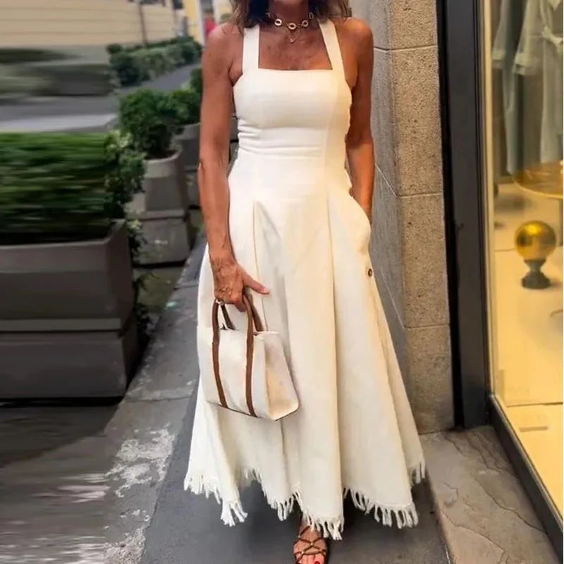Fashion Square Collar Waist Slim Long Dress Women Casual Sleeveless Pocket Solid Party Dress Elegant Tassel Splicing Maxi Dress