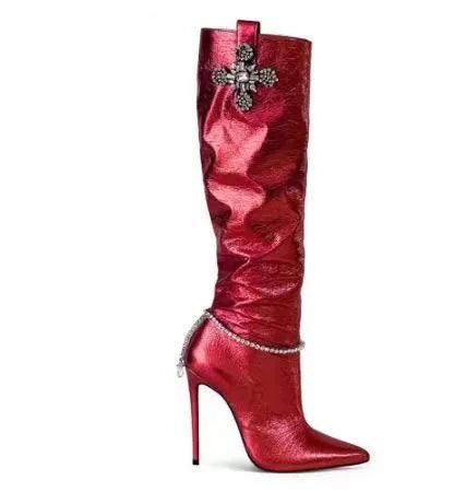 Bright Shining Women Deign Pointed Toe High Heel Knee Boots Crystal Beading High Heel Women Pointy Knee High Boots Plus Size