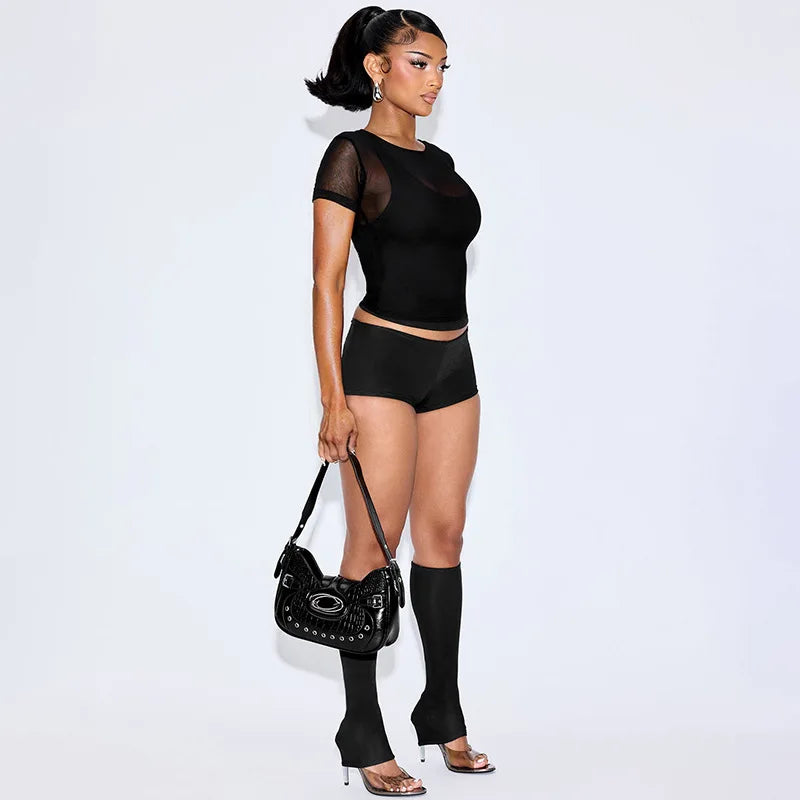 Sexy Mesh Patchwork Crop Top and Shorts Set for Women
