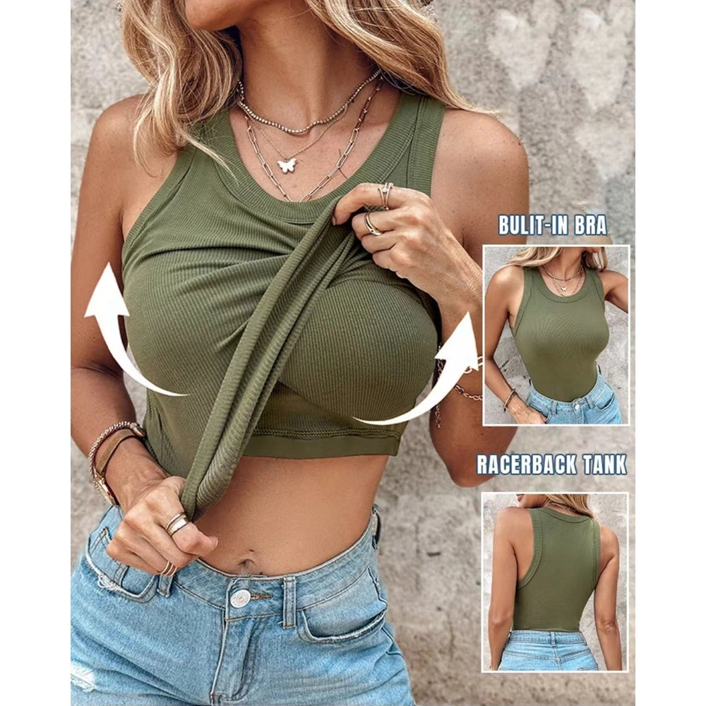 New Style Summer Round Neck Ribbed Tank Top With Bra Pads Fashion Sexy Femme Casual Sleeveless Top Solid T Shirt Streetwear