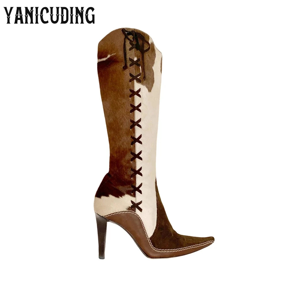 Pointed Toe Western Knee High Stiletto Boots for Women
