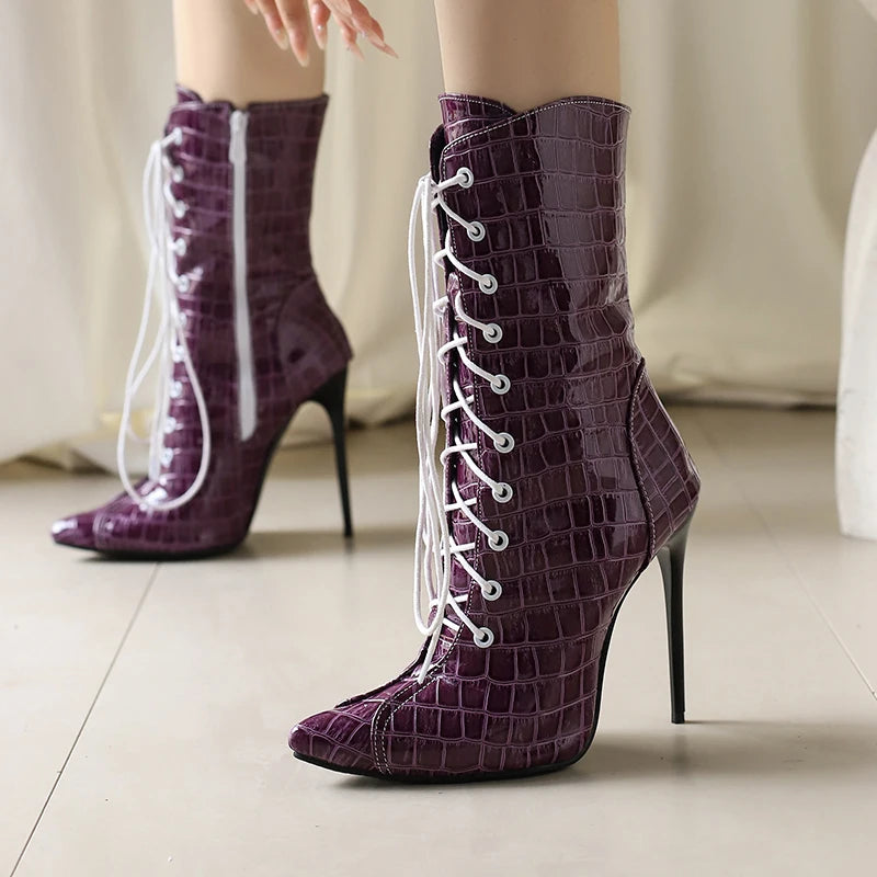 Alligator Pattern Lace Up Stiletto Ankle Boots for Women