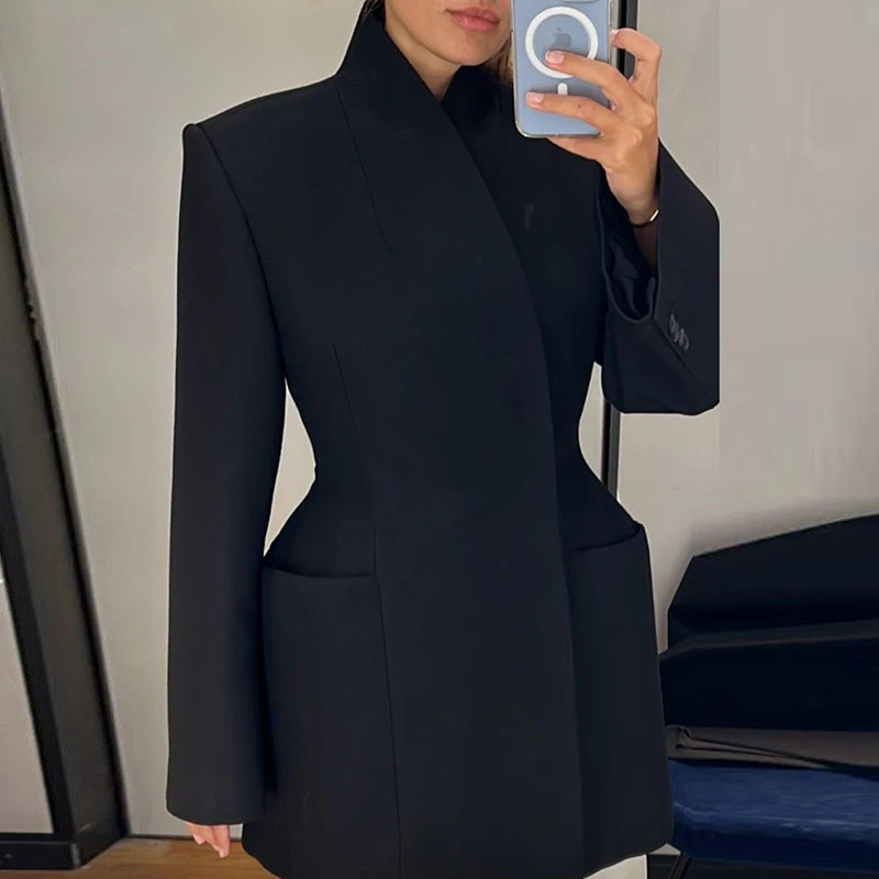 Casual Modern Elegant Stand Collar Concealed Button Coat for Women