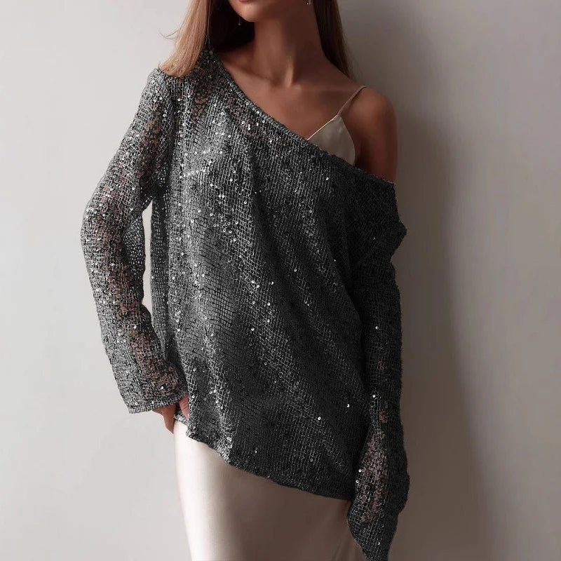 Elegant Sequined Long Sleeve Pullover Blouse for Women
