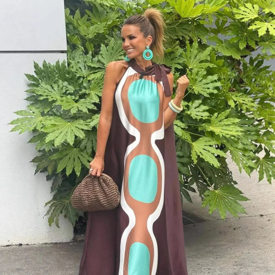 Casual Print Halter Neck Relaxed Fit Maxi Dress for Women