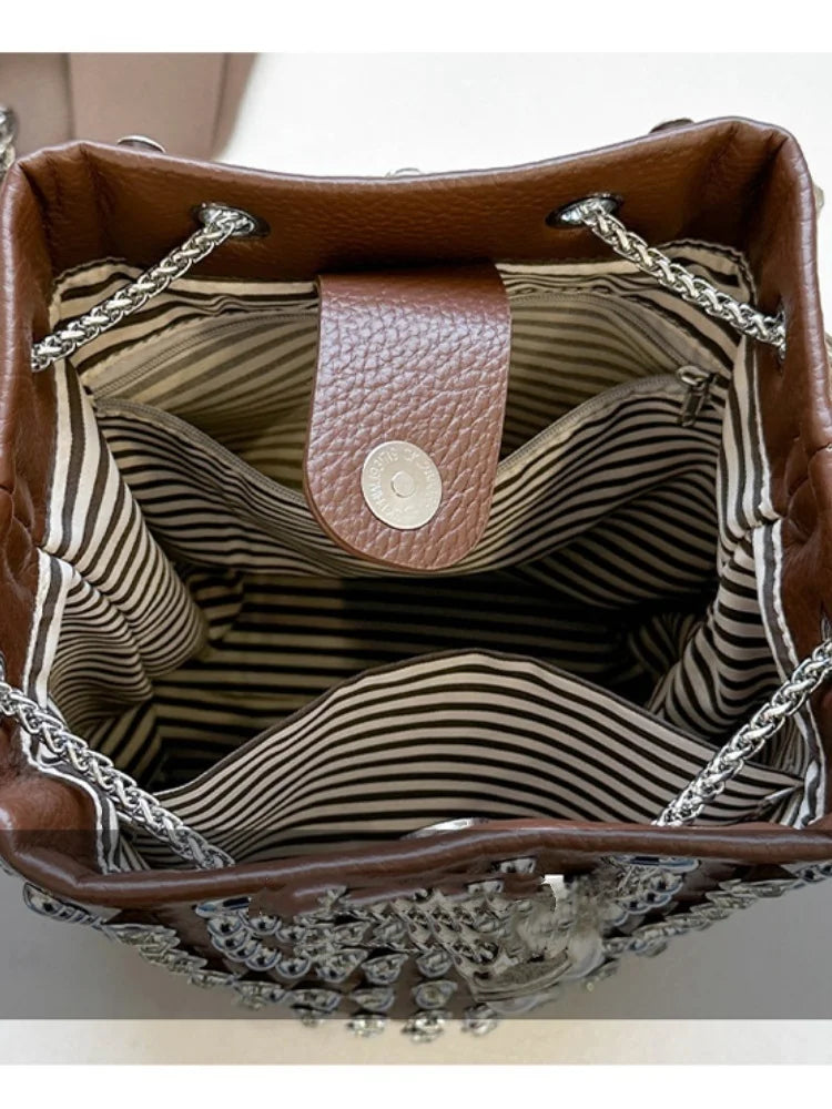 Rivet Bucket Bag With Chain Strap