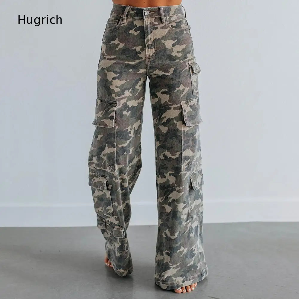 High Waist Camouflage Wide Leg Cargo Pants for Women