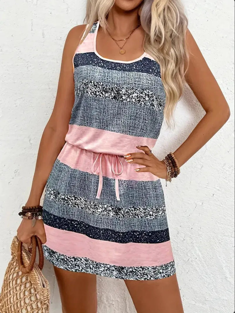 Casual Striped Round Neck Sleeveless Mini Dress for Women