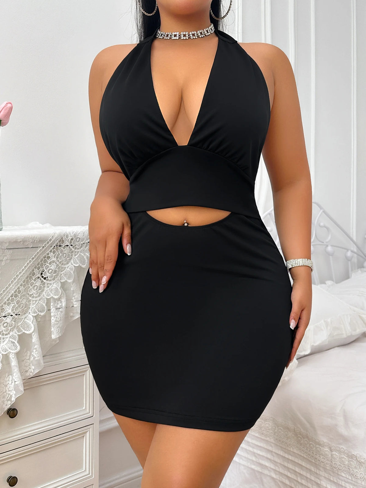 Sexy Deep V Neck Backless Halter Mini Dress for Women