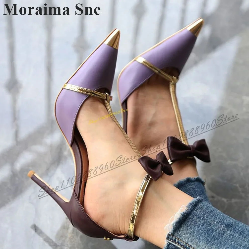Elegant Pointed Toe T Strap Sandals With Purple Bow For Women
