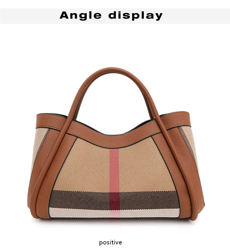 Retro Checkered Large Capacity Canvas And Leather Handbag for Women