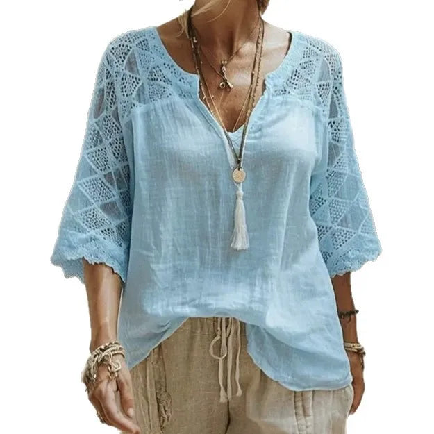 V-Neck Solid Three-Quarter Sleeve Loose Casual Tee for Women